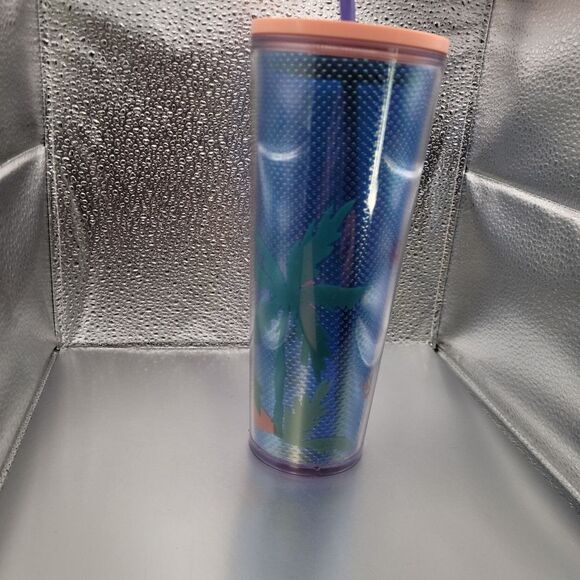 NWT! Starbucks Pink Blue Beach Palm Tree Acrylic Cold Cup Tumbler Venti 24oz - Picture 4 of 5